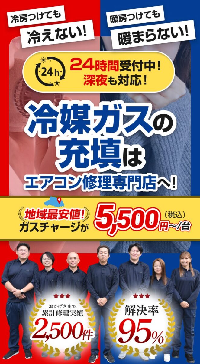 冷媒ガスの充填はエアコン修理専門店へ!
24時間受付中!深夜も対応!
冷房つけても冷えない!暖房つけても暖まらない!
地域最安値!ガスチャージが5,500円〜/台(税込)
おかげさまで累計修理実績2,500件
解決率95%