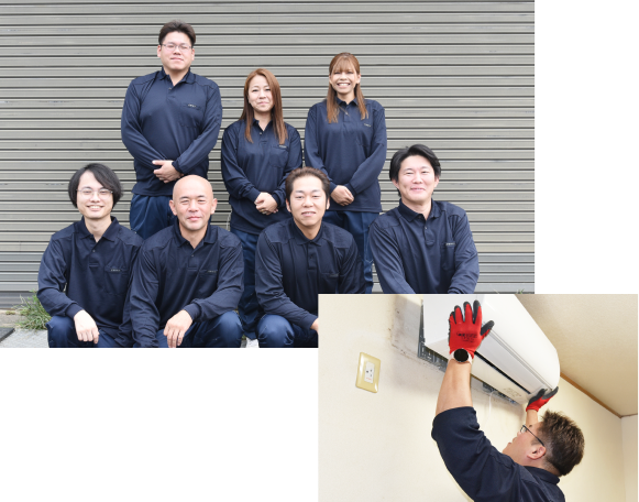 スタッフ集合写真とエアコンを取り付けている様子